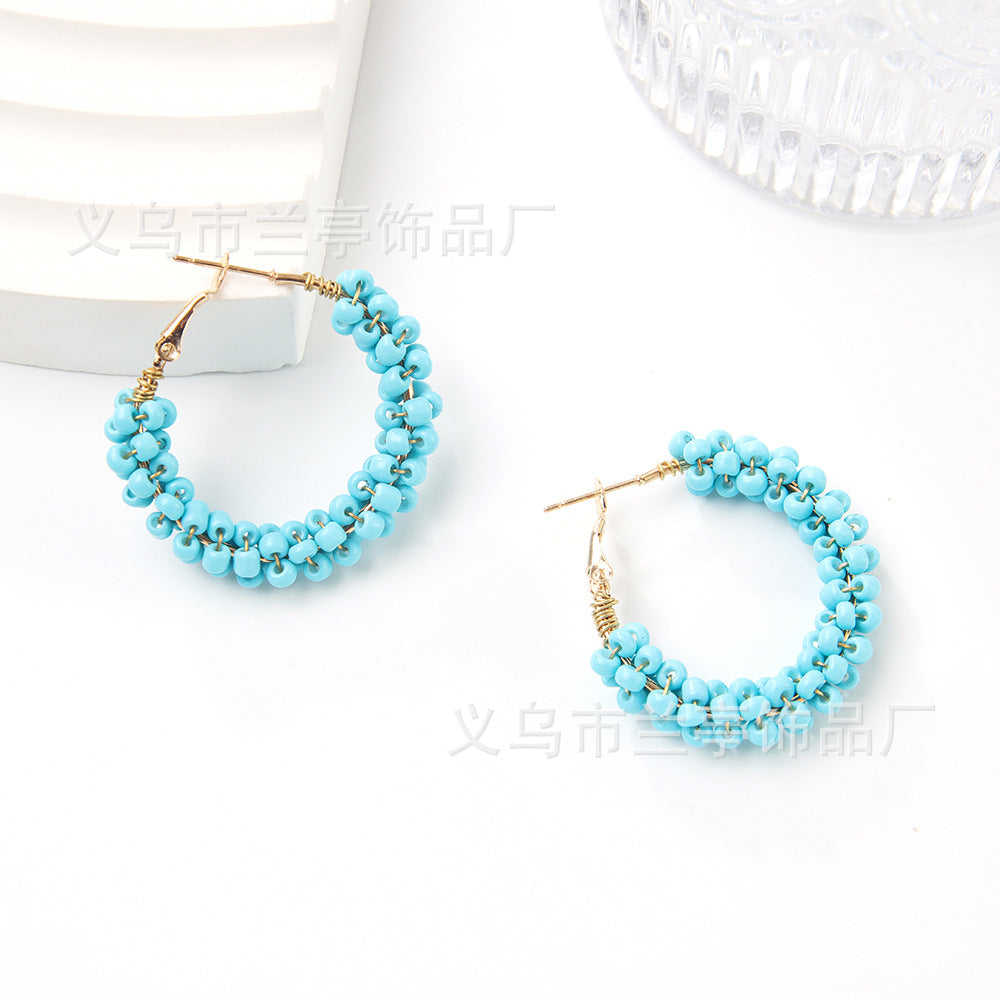 Wholesale Bohemian Colorful Circle Hand Braided Rice Bead Earrings